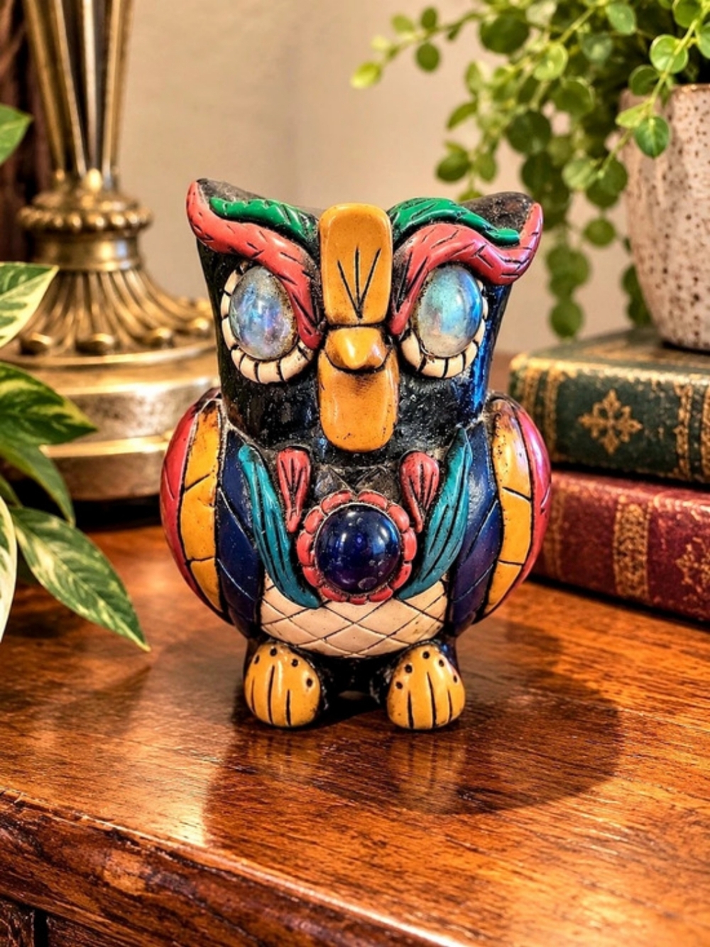 Mexican Folk Art Pottery Owl Whistle Colourful Aztec Style